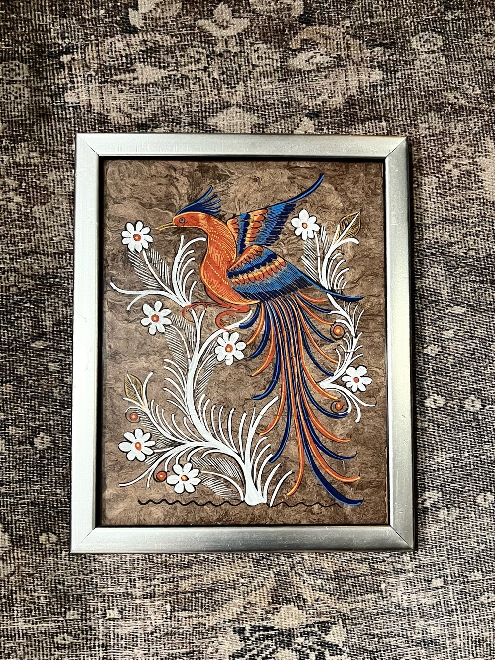 Mexican Folk Art Bird Phoenix Flower 15.5x12.5 framed
